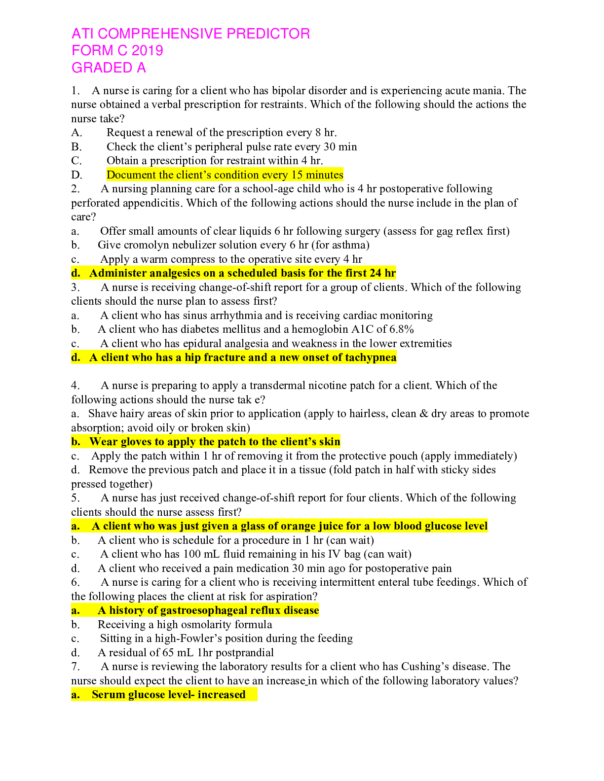 Preview of ATI COMPREHENSIVE PREDICTOR FORM C 2019 - Graded A